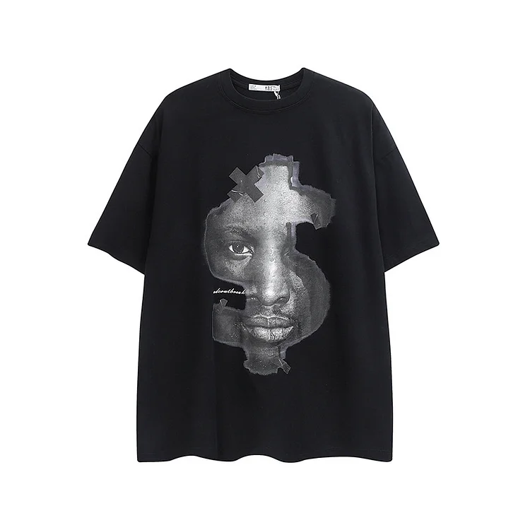 Hip-Hop Portrait Print Short-Sleeved T-Shirt Street Retro Loose Cotton T-Shirt at Hiphopee