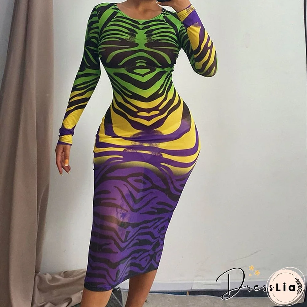 Women Autumn Long Sleeve Printed Mesh See Through Bodycon Dress Fall Female Clothing Streetwear Items