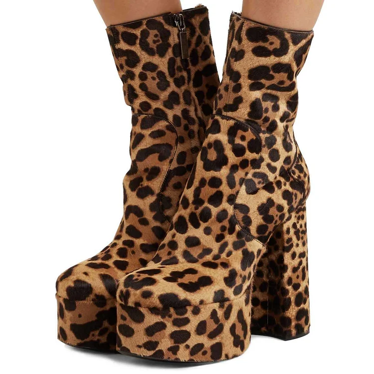 Brown Horsehair Leopard Print Chunky Heel Platform Booties |FSJ Shoes