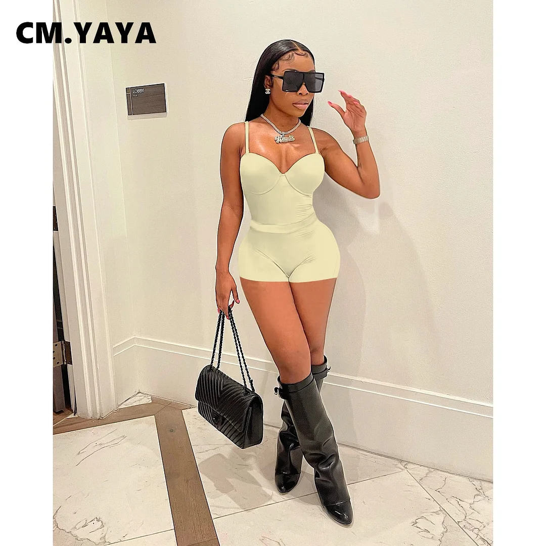 CM.YAYA Active Two 2 Pieces Set for Women 2022 Summer Fitness Outfit Sleeveless Bodysuit + Shorts Suit Sporty Street Tracksuit