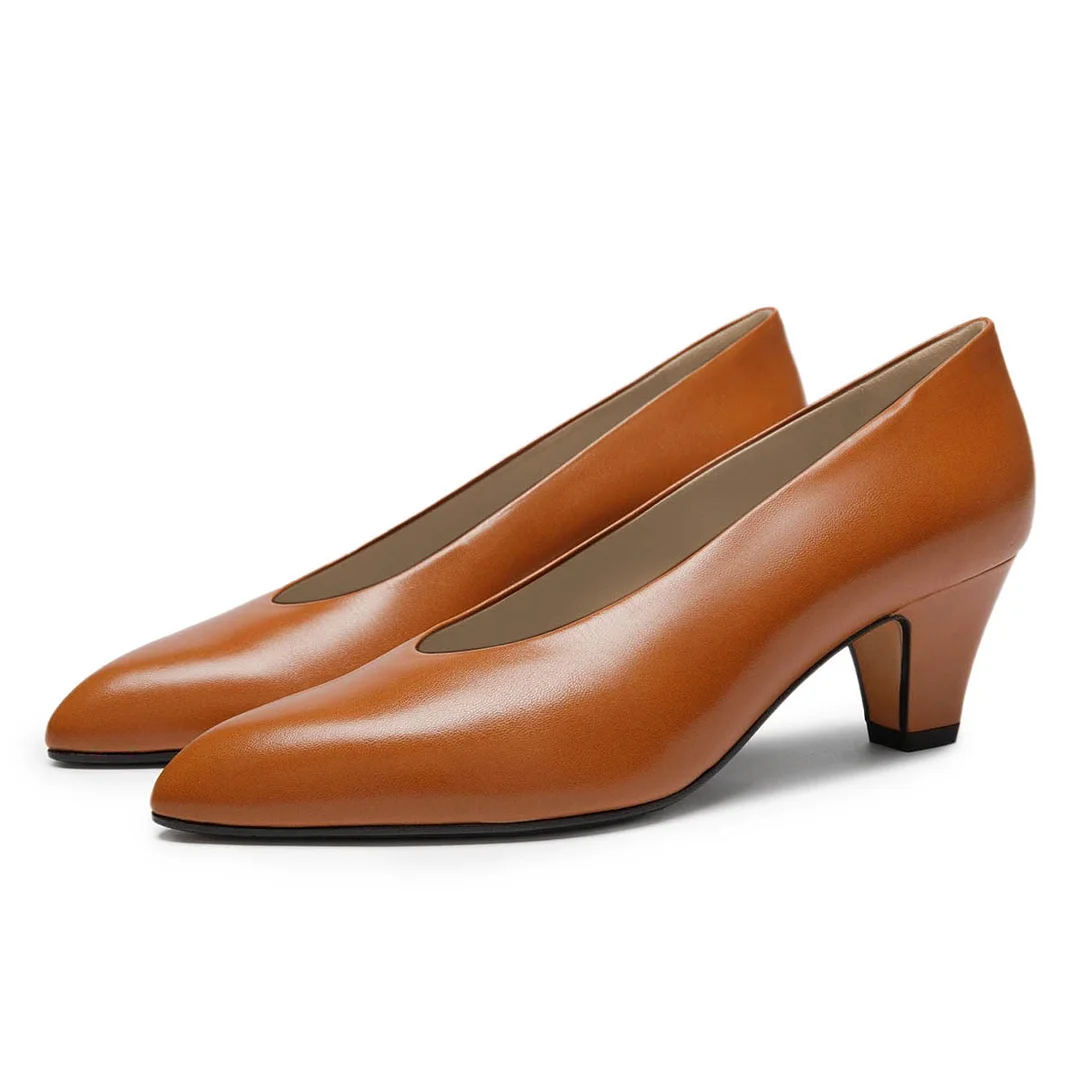 Women's Tan Slip-On Chunky Heel Pointed Toe Classic Pumps Shoes