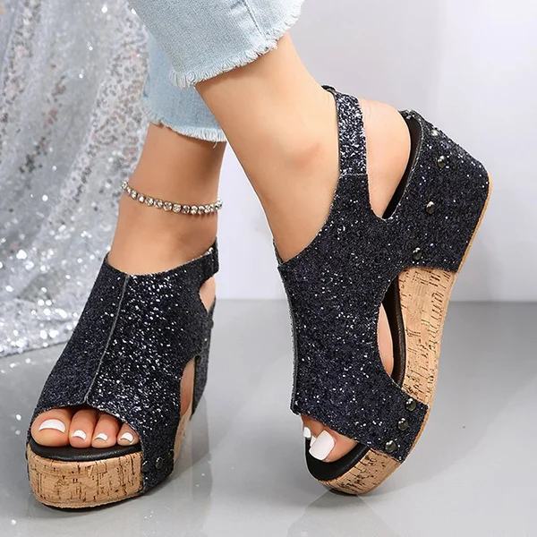 Women's Sling Casual Rhinestone Platform Wedge Sandals