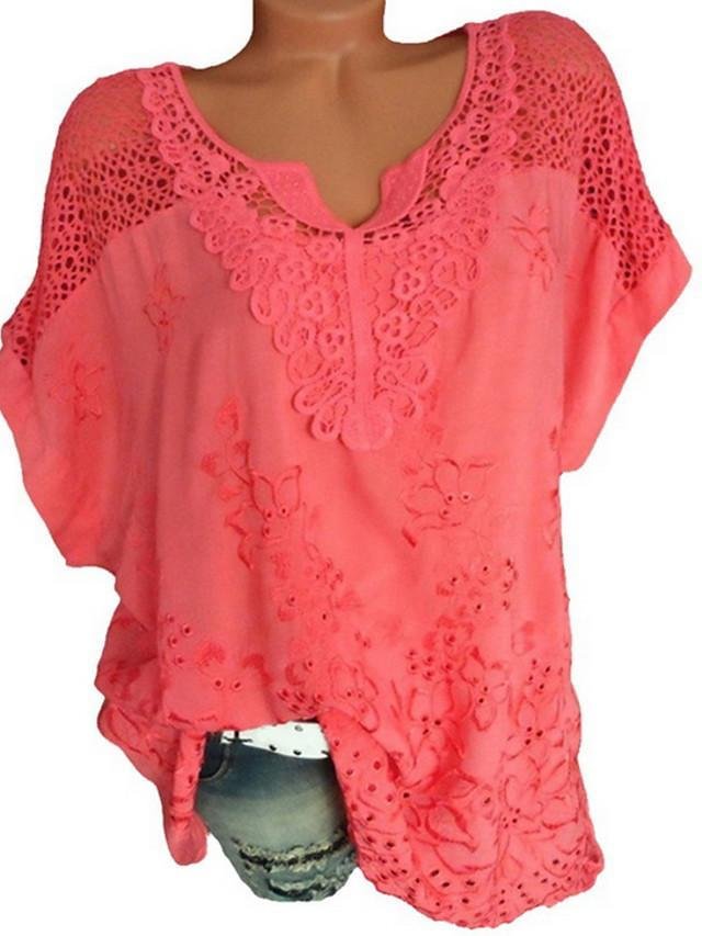 Women's Plus Size T-shirt Blouse Shirt Solid Colored Plain Lace V Neck Tops Basic Top Watermelon Pink White Black-825 - VSMEE