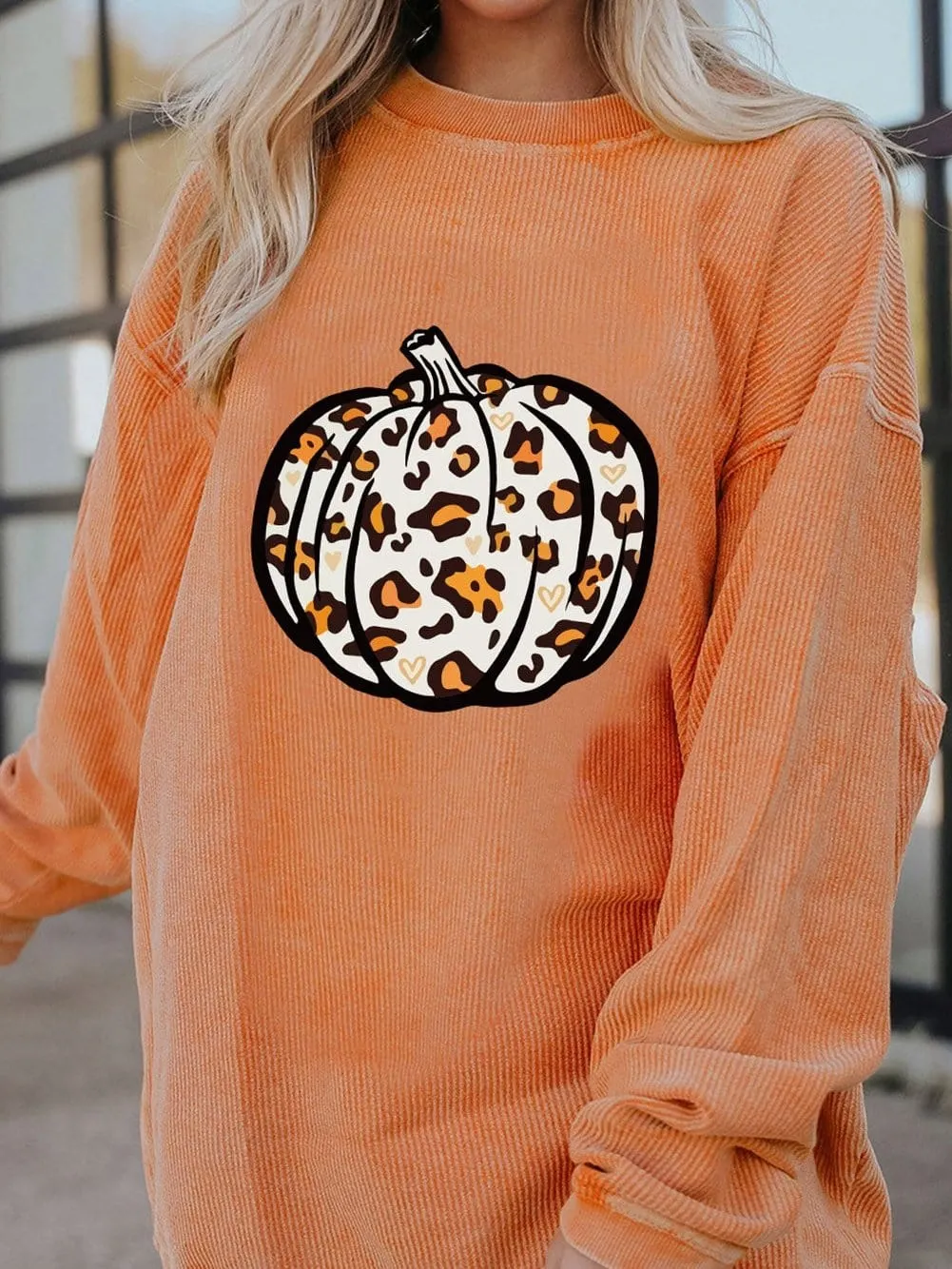 Leopard Pumpkin Orange Corded Graphic Sweater