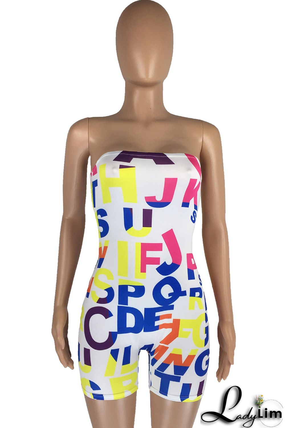 White Fashion Sexy Letter Print Backless Strapless Skinny Romper