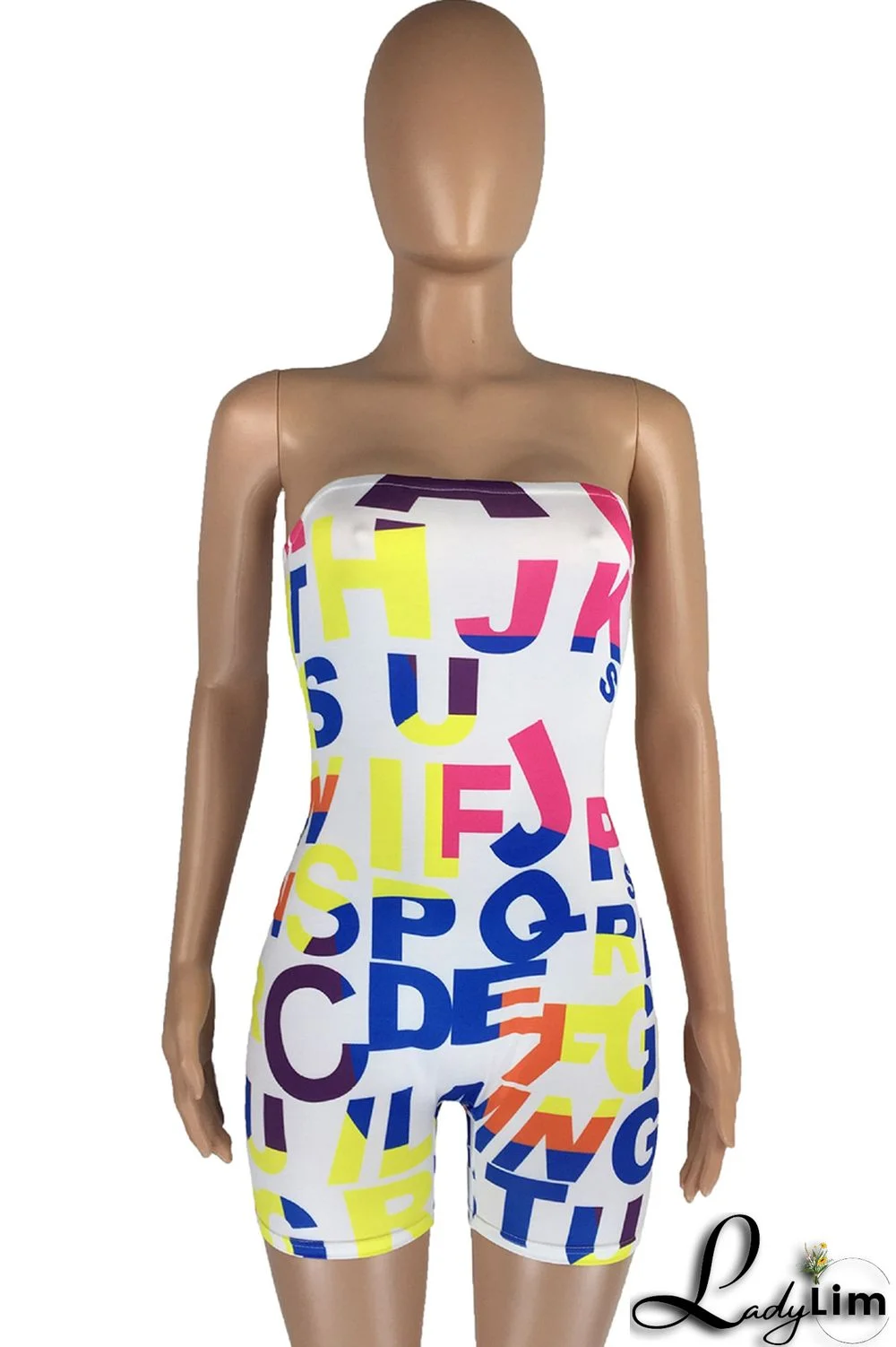 White Fashion Sexy Letter Print Backless Strapless Skinny Romper