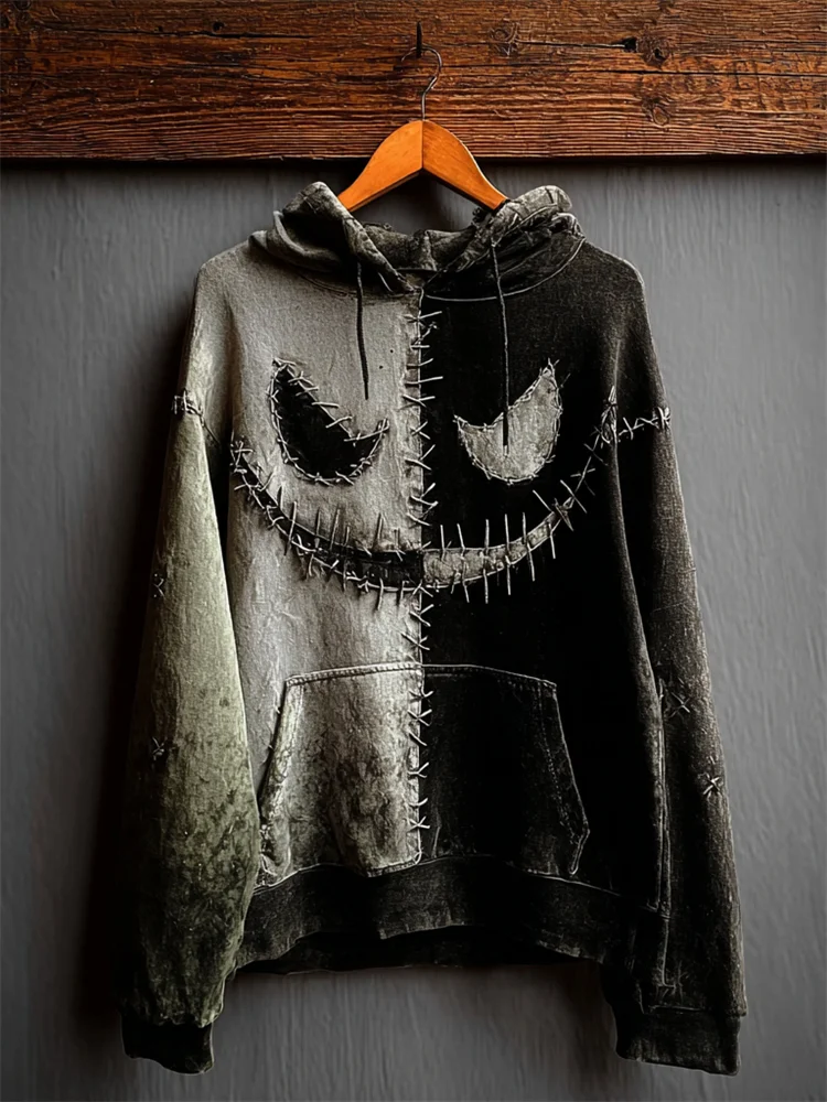Halloween Spooky Stitched Face Contrast Washed Hoodie