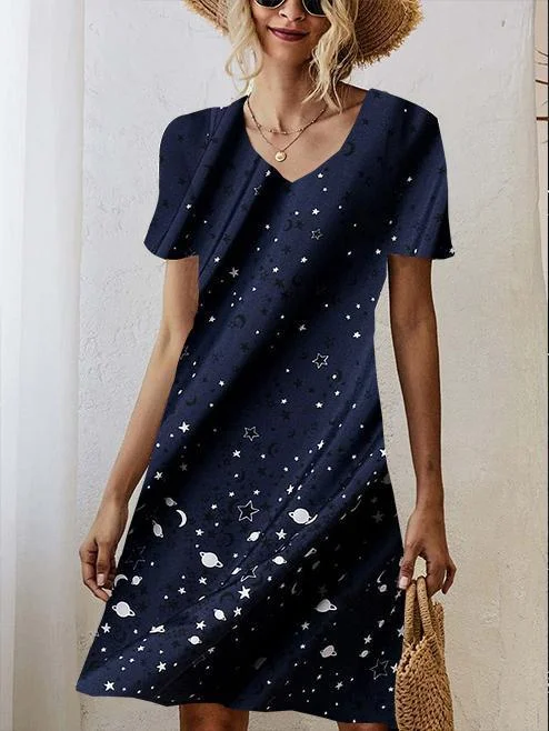 Women Half Sleeve V-neck Solid Color Dress