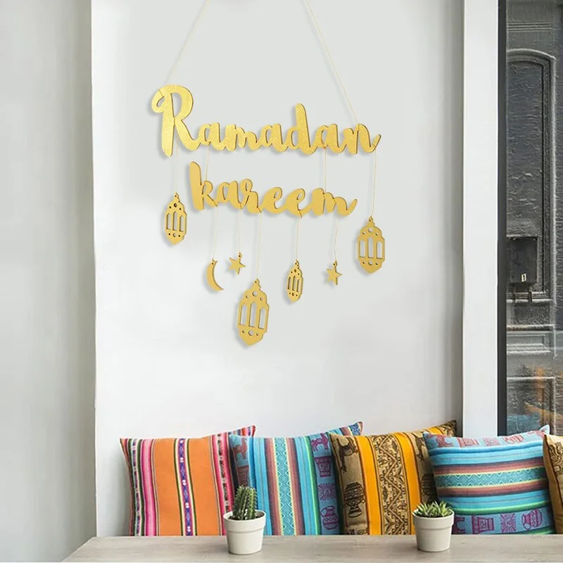 Eid Mubarak Ramadan Kareem Decor Moon Star Hanging Pendant Wooden Ornament Craft DIY Muslim Islamic Party Decoration for Home