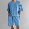 Men's Casual Loose-Fit Solid-Color Crewneck T-Shirt & Shorts Two-Piece Athletic Set by Inlyline