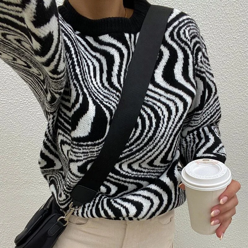 HEYounGIRL Autumn Winter Vintage Long Sleeve Knitted Sweater Casual Loose Fashion Korean Jumpers Wave Print Black White Pullover