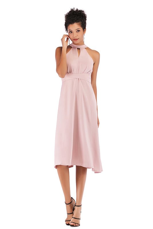 Pink Choker Neck Lace-up Chiffon Dress - Life is Beautiful for You - SheChoic