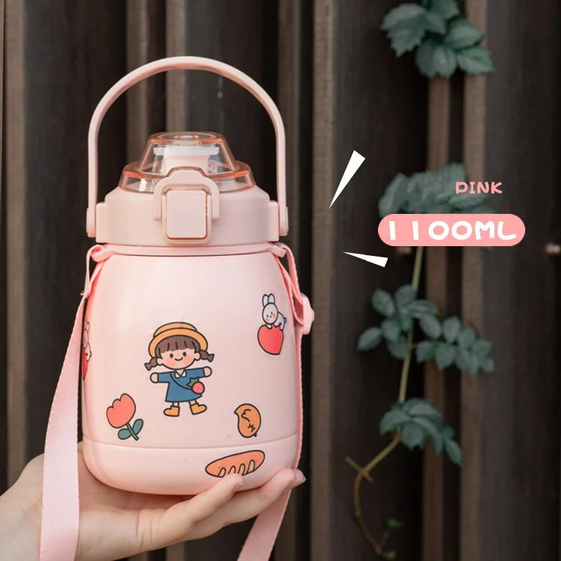 back to school 316 Stainless Steel Vacuum Flask Outdoor Water Bottle Cute Kids Tumbler With Straw Straps Handles Portable Thermos Cup For Girls