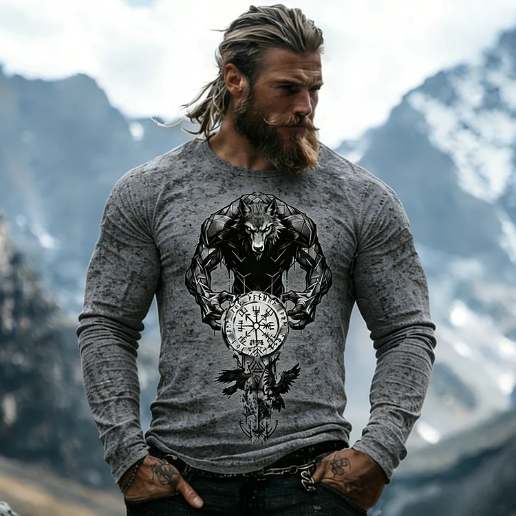 Men's Retro Werewolf With Viking Vegvisir Print Graphic T-shirt