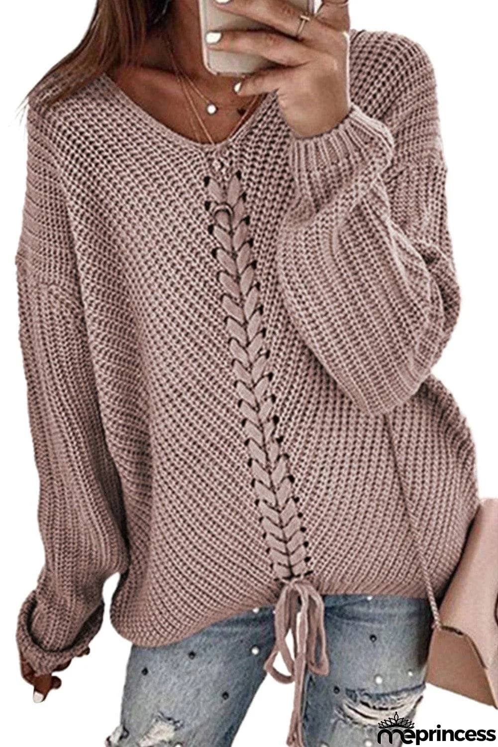V-neck Lace Up Knitted Sweater