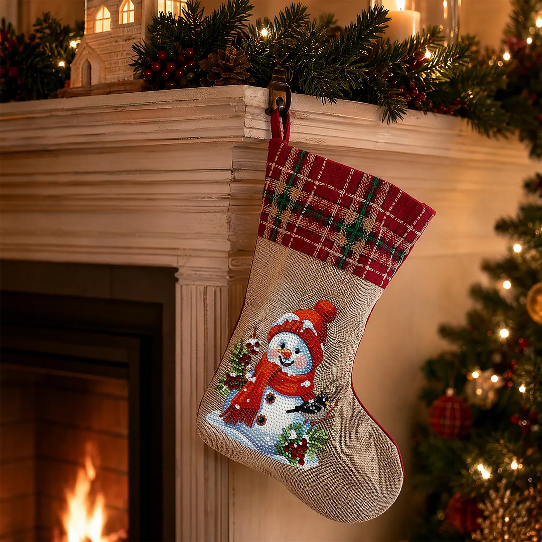 DIY Diamond Painting Christmas Stockings Hanging Ornaments Large Capacity Xmas Socks Pendant Wear Resist Candy Gift Storage Bags for Family Christmas Holiday Party Decoration (Snowman and Bird)