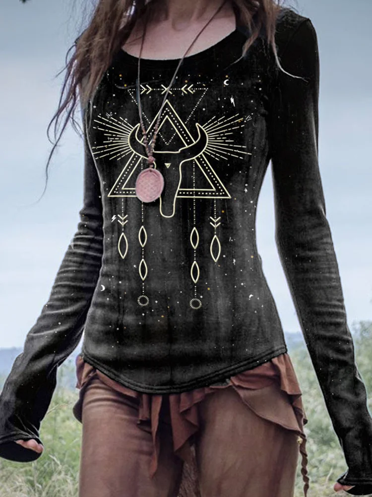 Sacred Shaman Pattern Print Casual Vintage Long Sleeve T-shirt