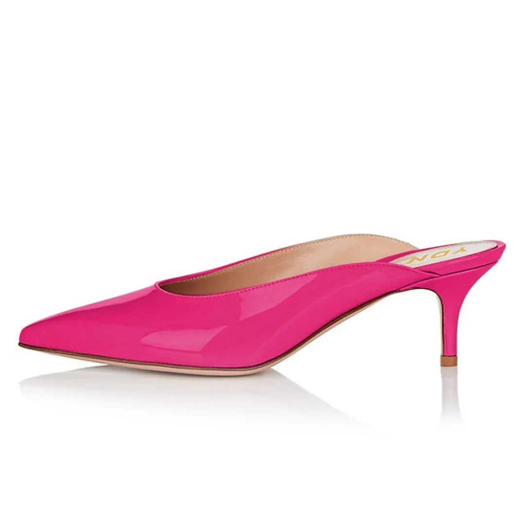 Hot Pink Patent Leather Pointed Toe Kitten Heel Mules for Women