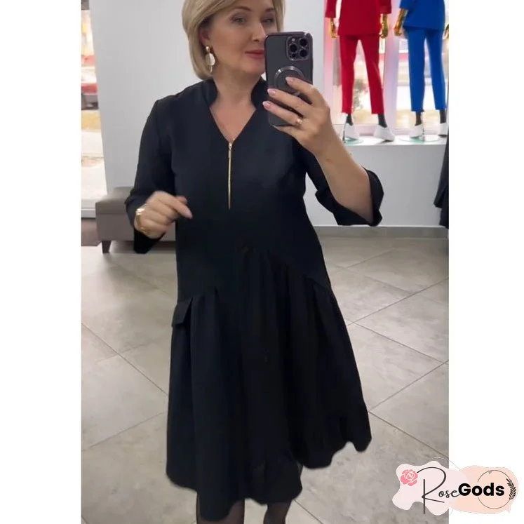 Women's Solid Color Slim Stand Collar Zipper Dresses