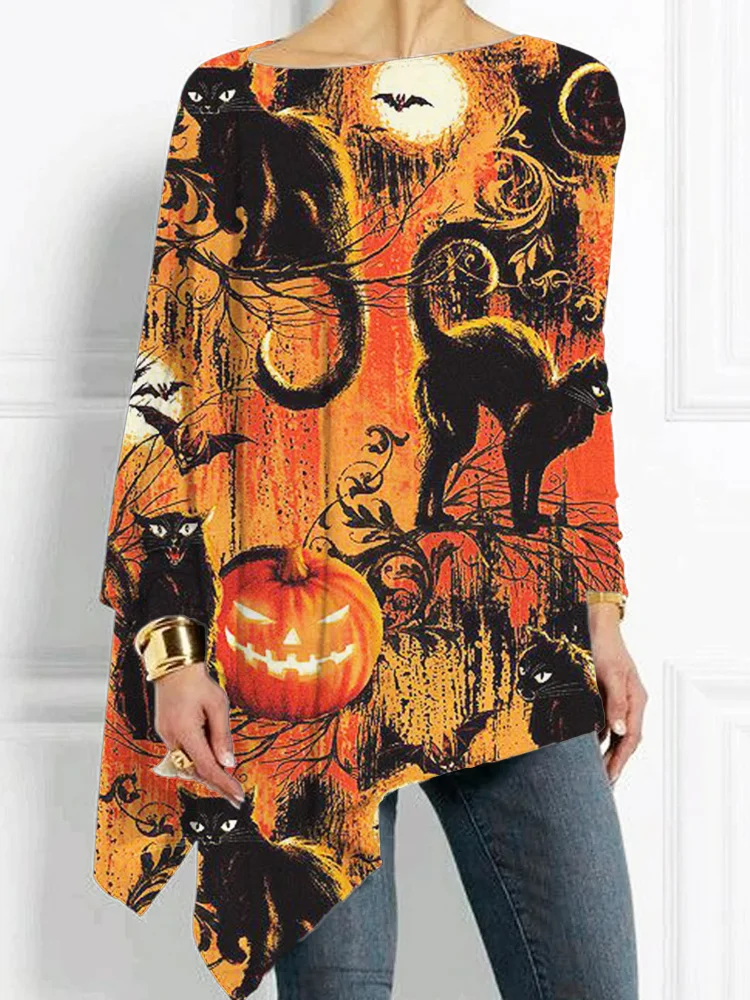 Vintage Halloween Black Cats Art Bat Sleeve T Shirt