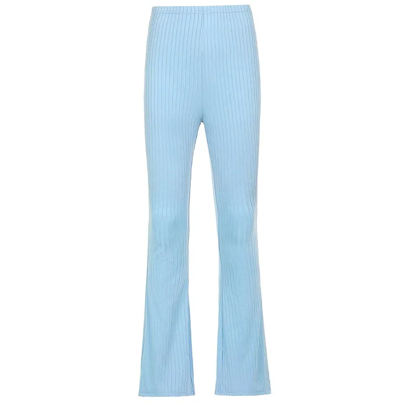 HEYounGIRL Skinny Elastic Flare Pants Women Casual High Waist Long Trousers Laides Purple Ribbed Sweatpants Summer Streetwear