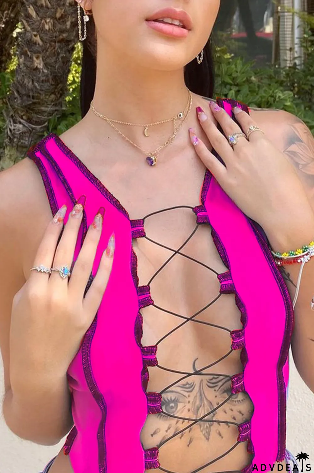 Red Sexy Casual Solid Bandage Hollowed Out V Neck Tops