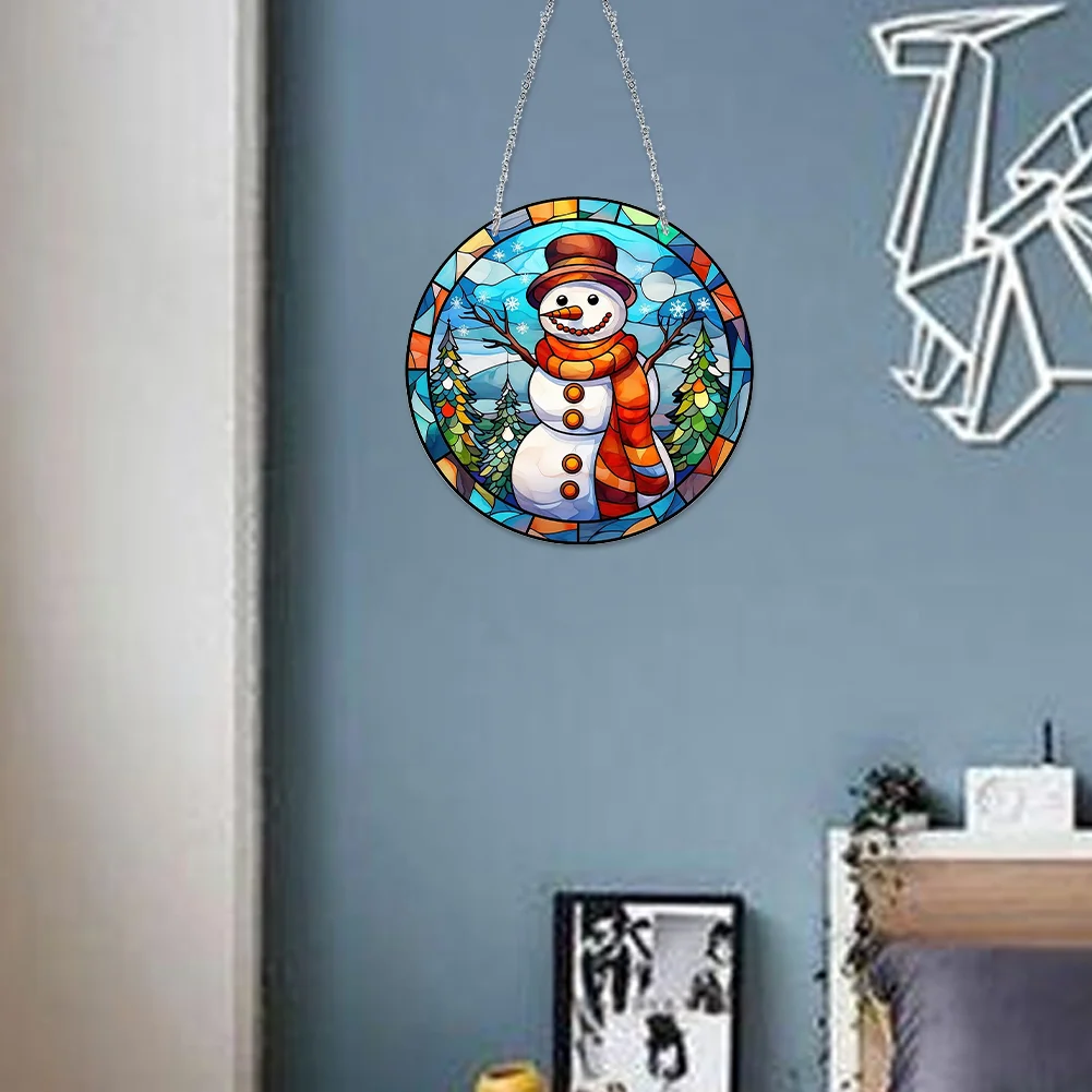 DIY Snowman Diamond Stained Glass Style Hanging Decoration Double Side Home Garden Decoration