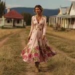 Vintage Boho Roses Print V Neck Flowy Linen Maxi Dress - Image 2