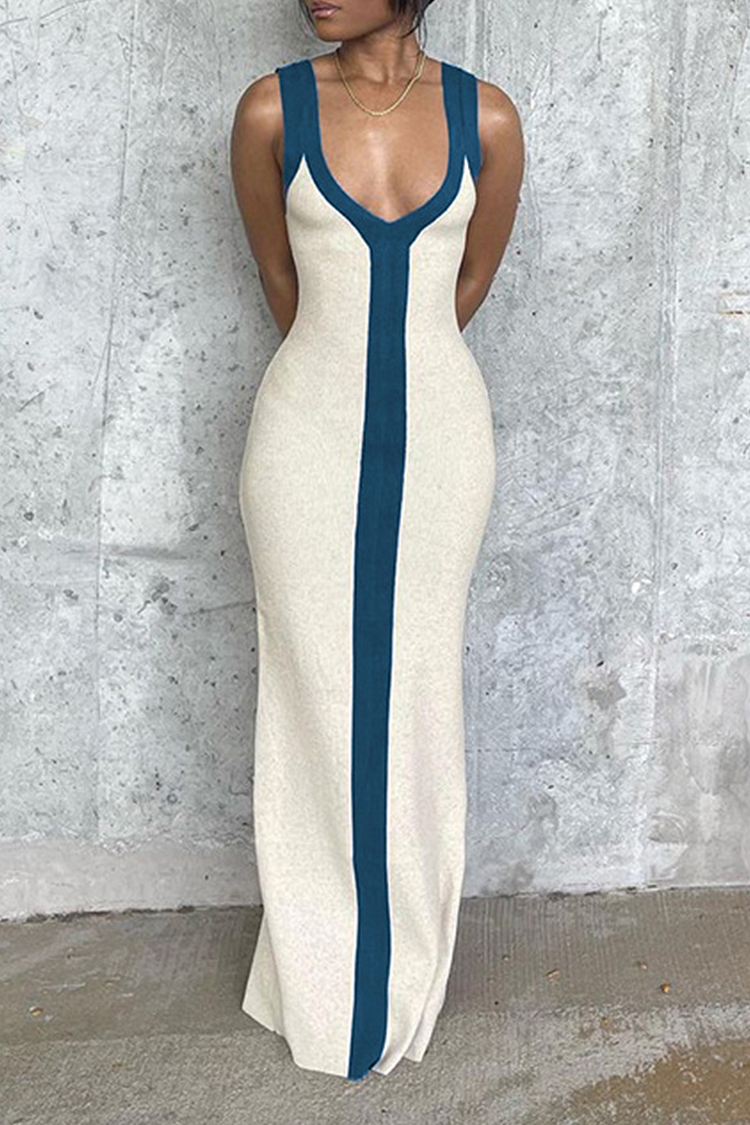 White Sexy Solid Patchwork V Neck Pencil Skirt Dresses