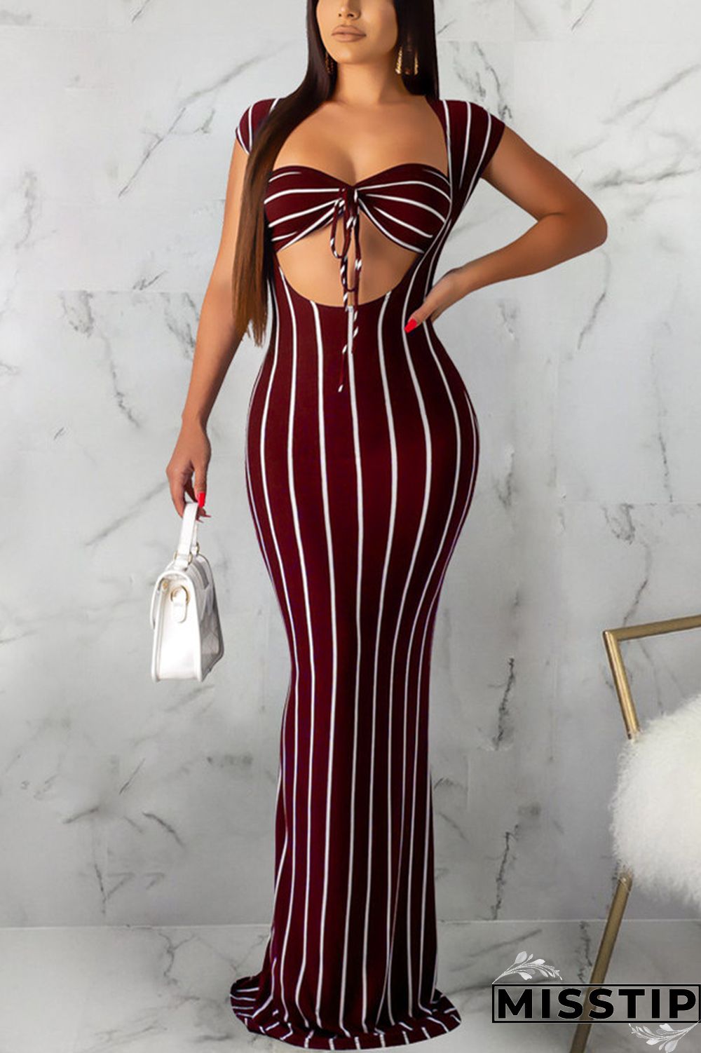 Navy Blue Sexy Fashion Solid Slim fit Striped Regular Sleeveless Two-Piece Dress