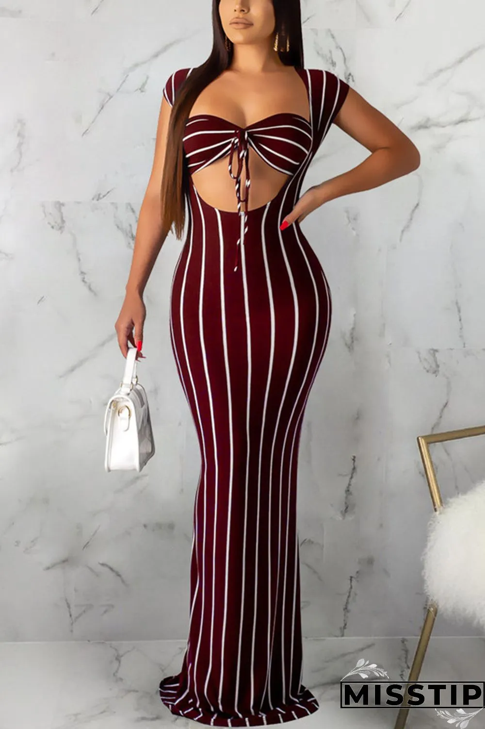 Navy Blue Sexy Fashion Solid Slim fit Striped Regular Sleeveless Two-Piece Dress