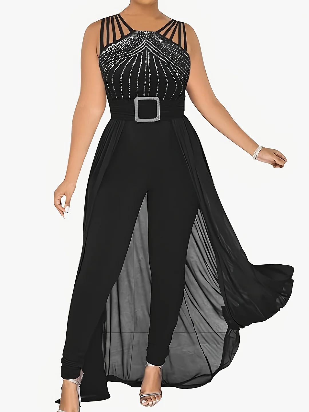 Women's Elegant High-Waisted Mesh Cover Jumpsuit- Sleeveless, Sequins, Black With Sheer Fabric, Elastic Polyester, Machine Washable, Suitable For Spring And Summer | IFYHOME