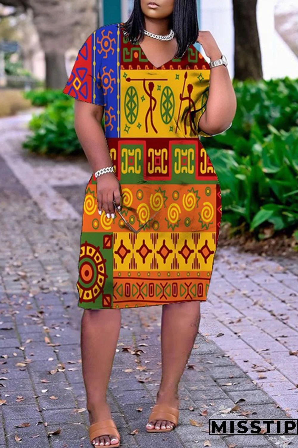 Black Green Casual Print Patchwork V Neck Straight Dresses