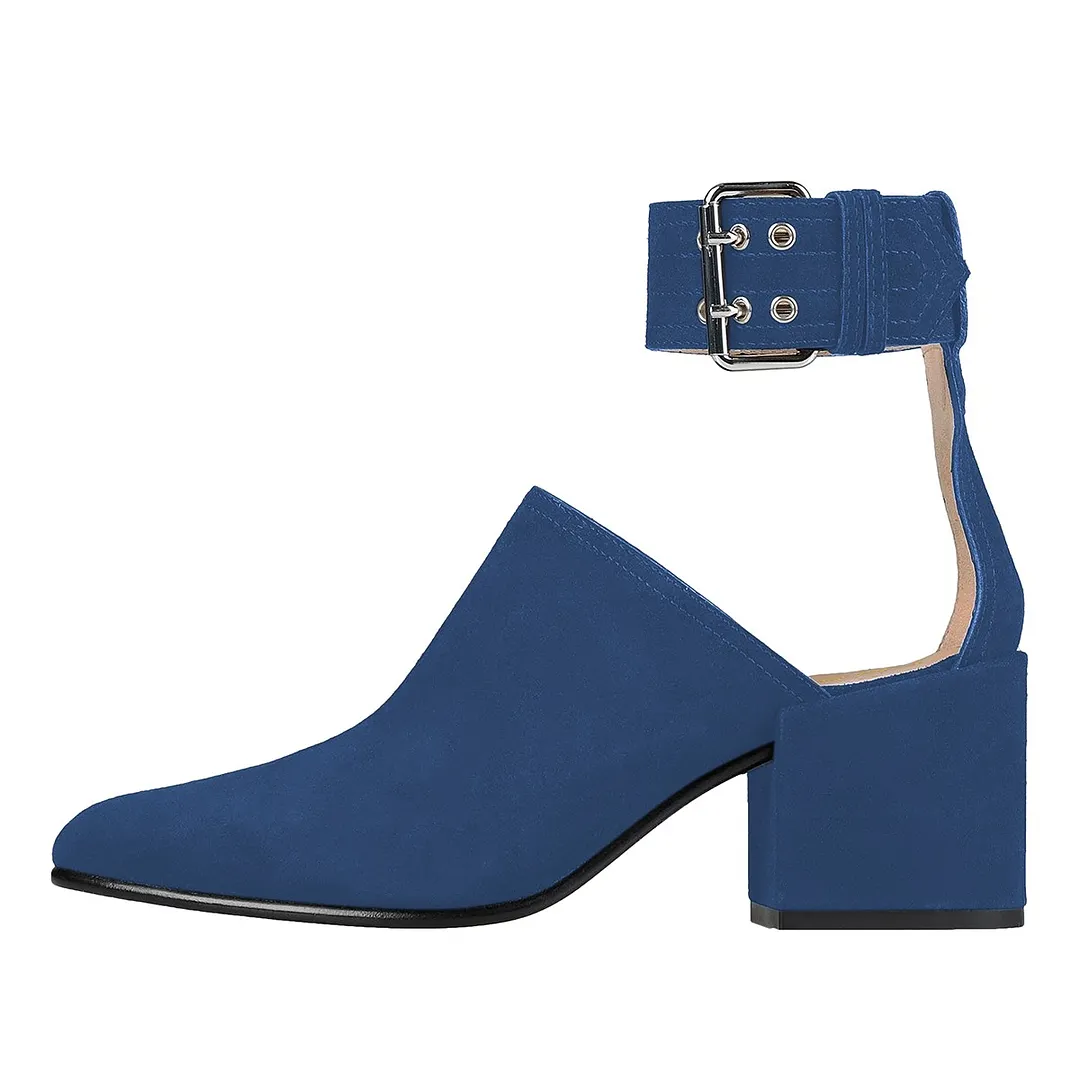 Blue Vegan Suede Ankle Strap Mid Block Heel Pumps for Women