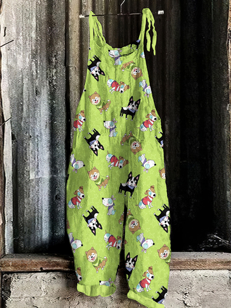 Comstylish Vintage Cute Cartoon Dog Print Japanese Art Loose Jumpsuit