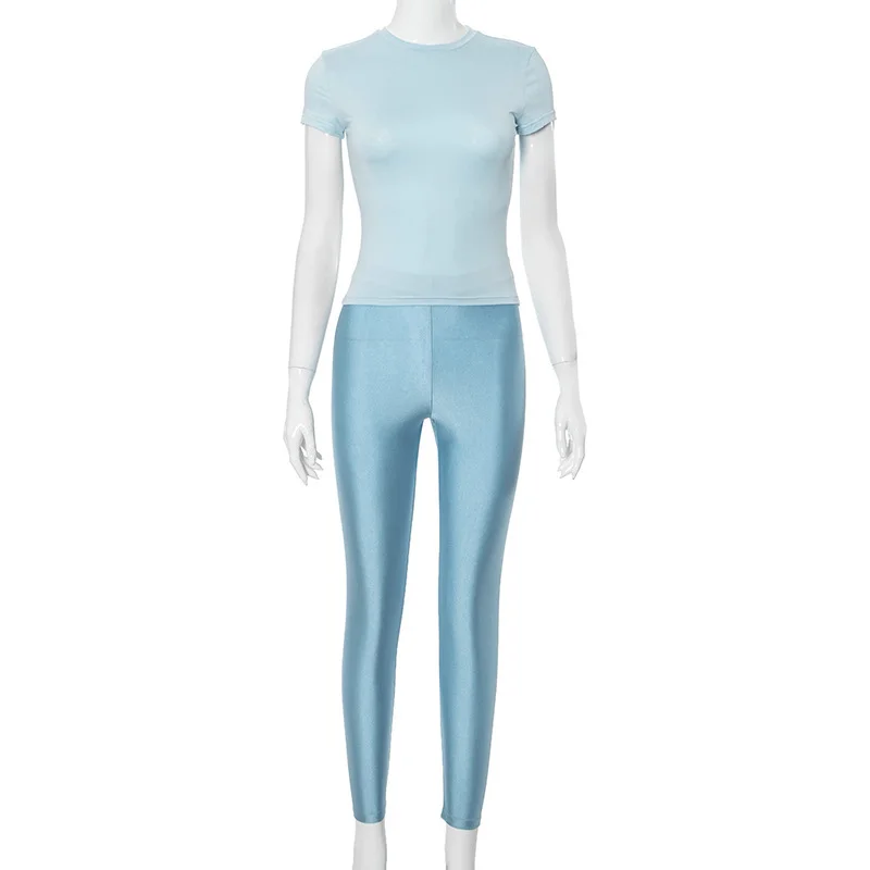 Uveng Uveng Women's Simple Solid Color Round Collar Short-Sleeved T-Shirt Tight Trousers Two Sets