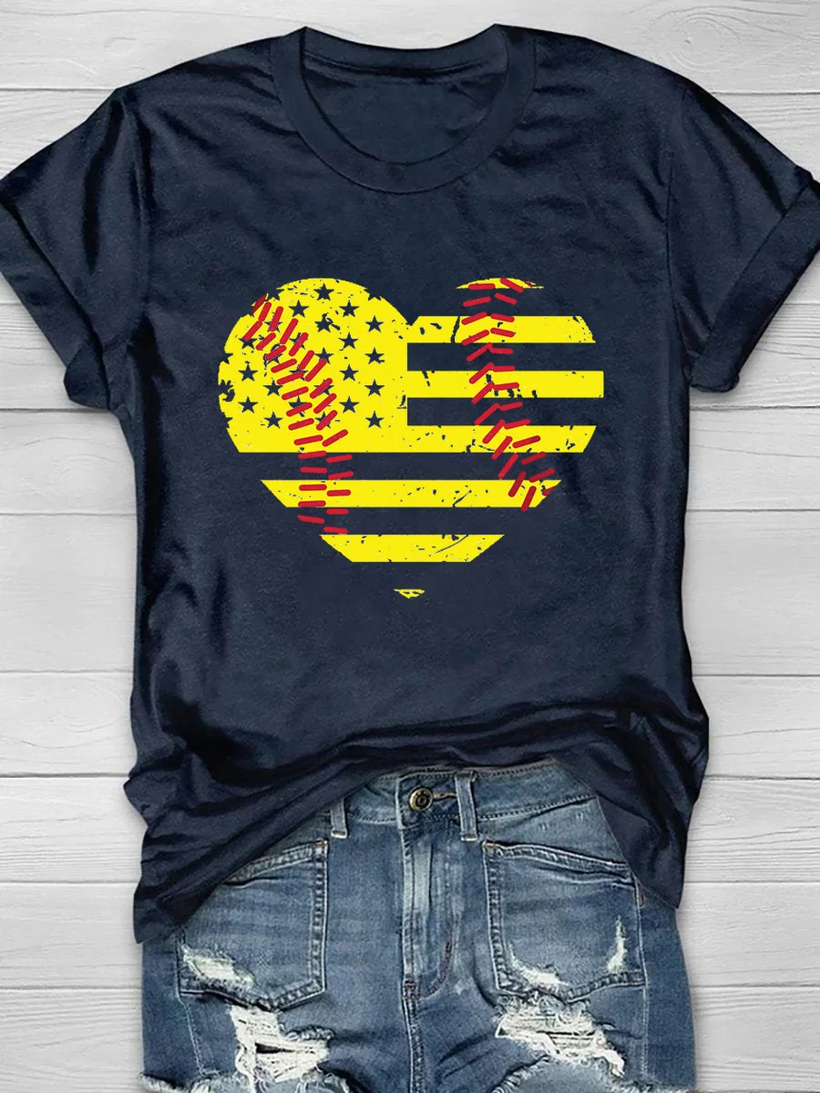 4th of July Softball Heart Print Short Sleeve T-Shirt