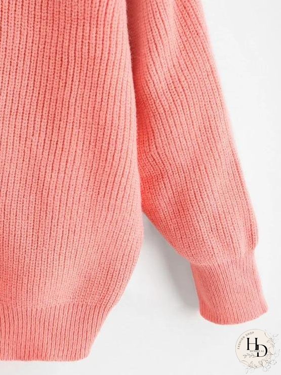 Drop Shoulder Choker Pointelle Knit Sweater for Women