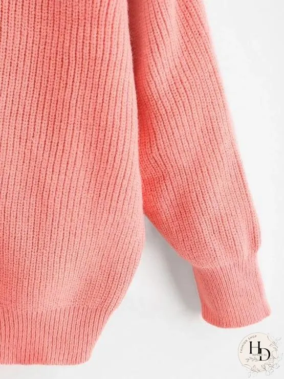 Drop Shoulder Choker Pointelle Knit Sweater for Women