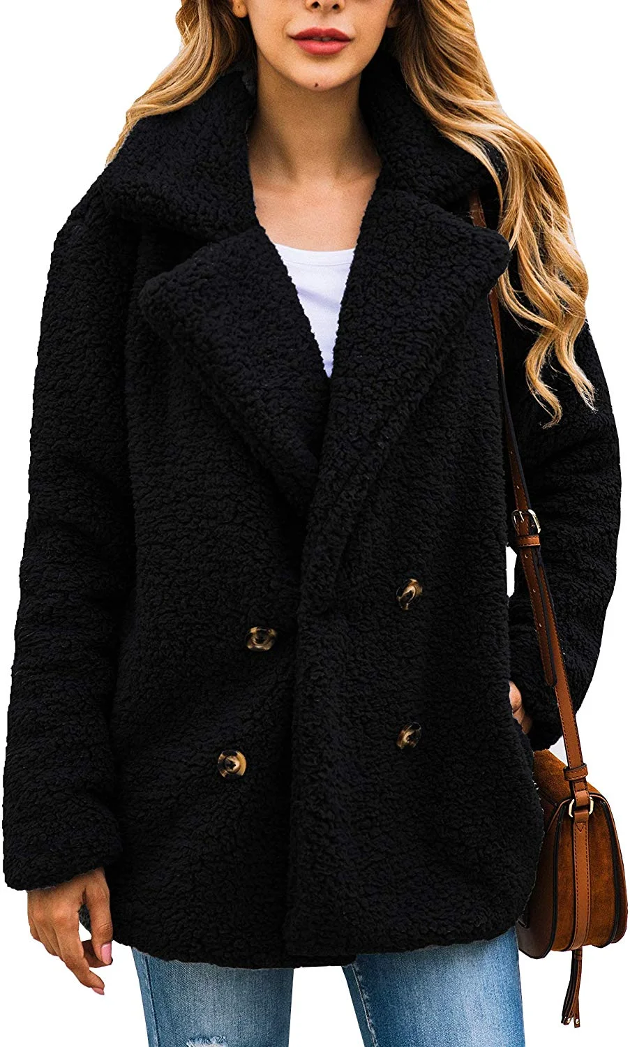 Women's Coat Casual Lapel Fleece Fuzzy Faux Shearling Zipper Warm Winter Oversized Outwear Jackets