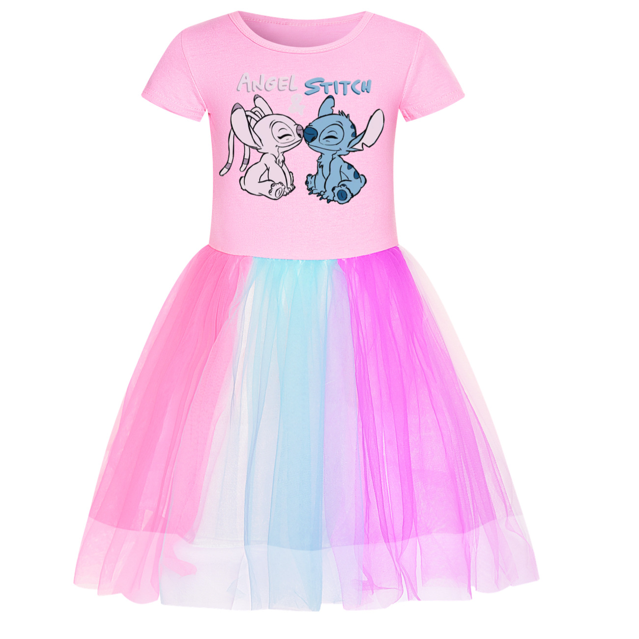 Stitch-Inspired Rainbow Lace Hem Dress - Adorable Starry Design for Kids and Fans -Mayoulove