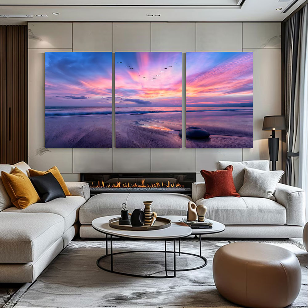 3-Piece Set Pink Purple Sky Long E*posure Sea Canvas Art