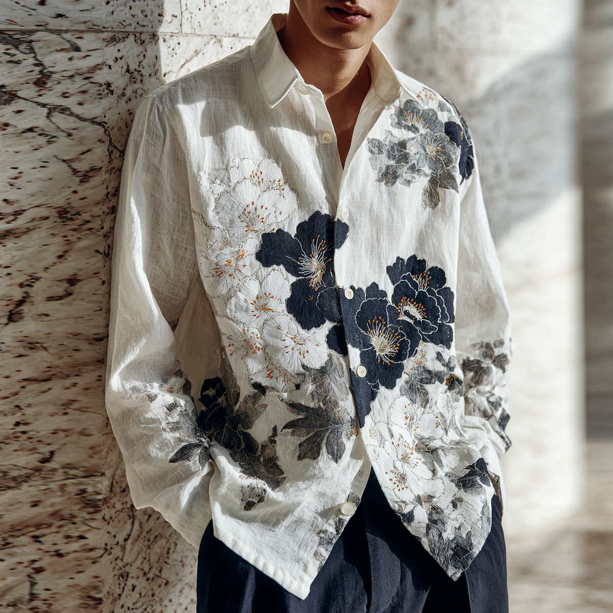 Men's Japanese Flower Art Print Long Sleeve Shirt  artssus