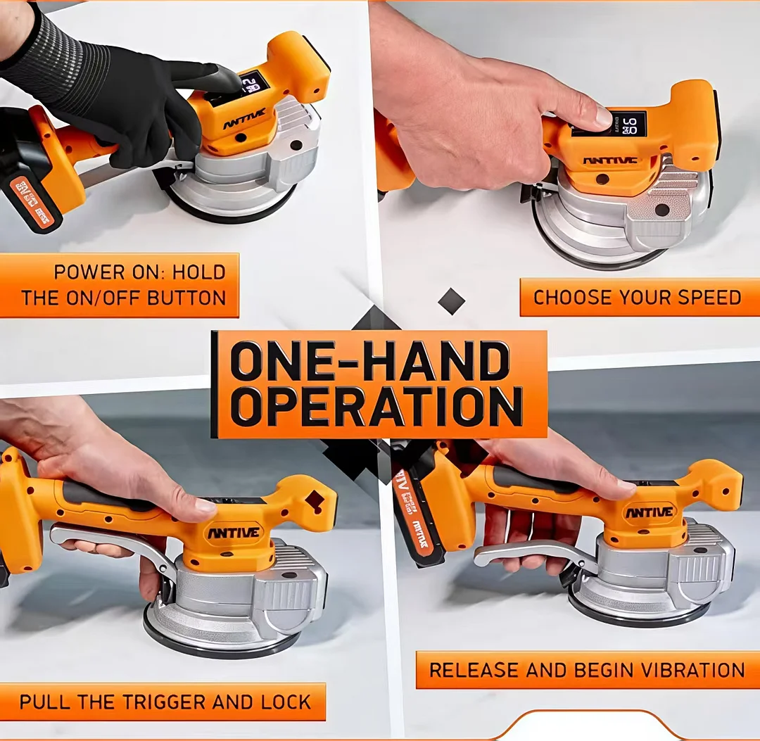 يمكن استخدام أحدث جهاز اهتزاز البلاط ثنائي الجانب في العالم (يهتز 10000 مرة في الدقيقة) لتسوية الرخام والسيراميك وأحجار الرصف والخرسانة.