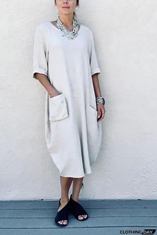 Solid V Neck Pockets Linen Maxi Dress