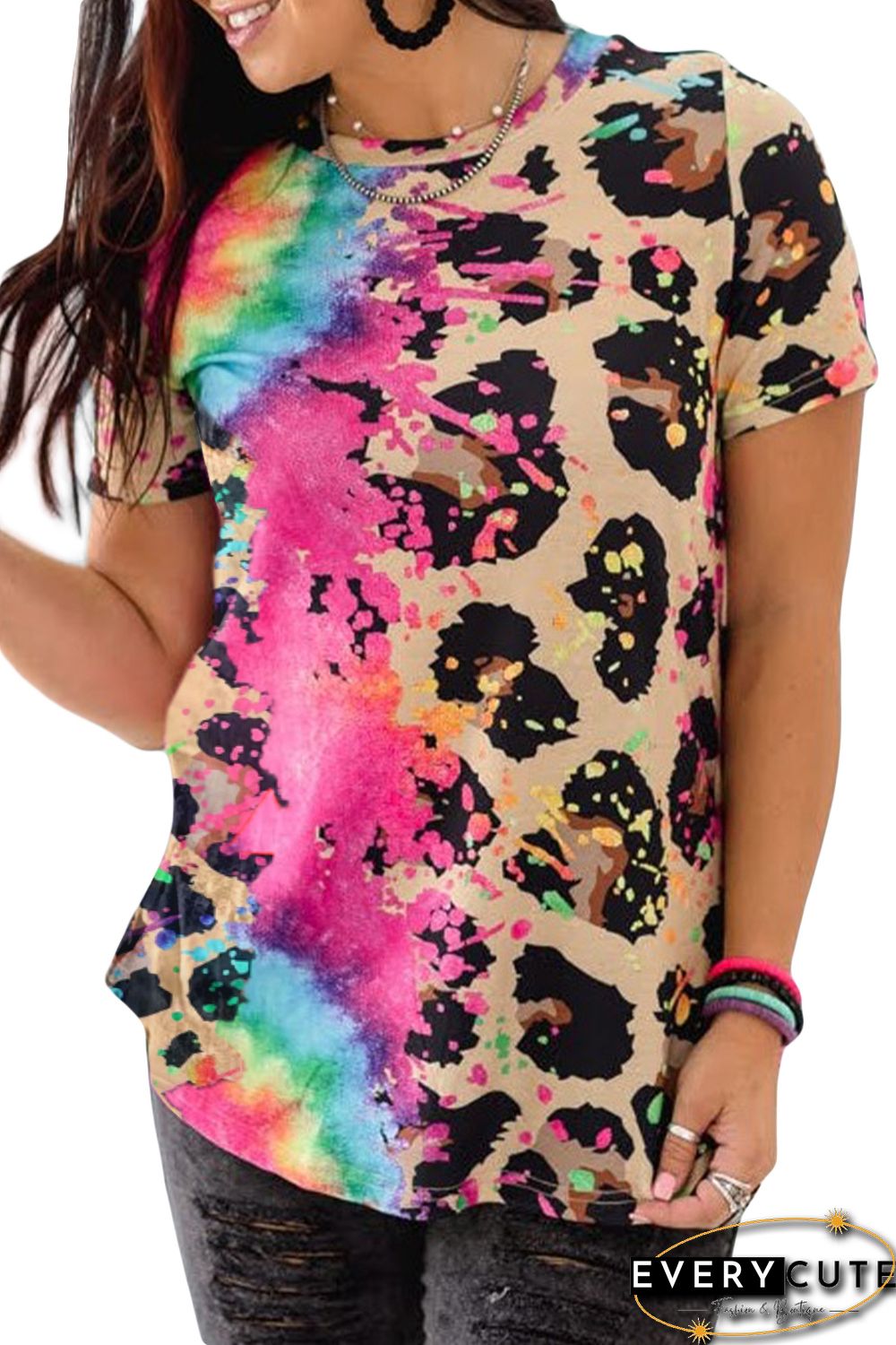 Multicolor Leopard Tie Dye Splicing T-shirt