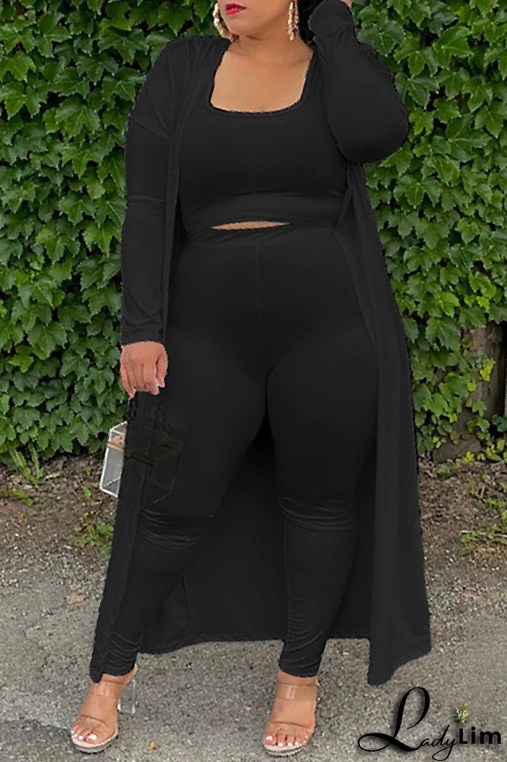 Black Casual Solid Basic U Neck Plus Size Three Piece Set