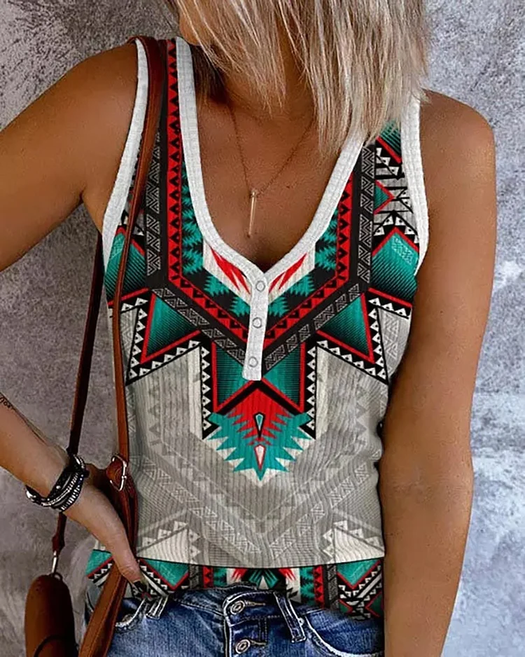 Tribal Print Contrast Binding Tank Top