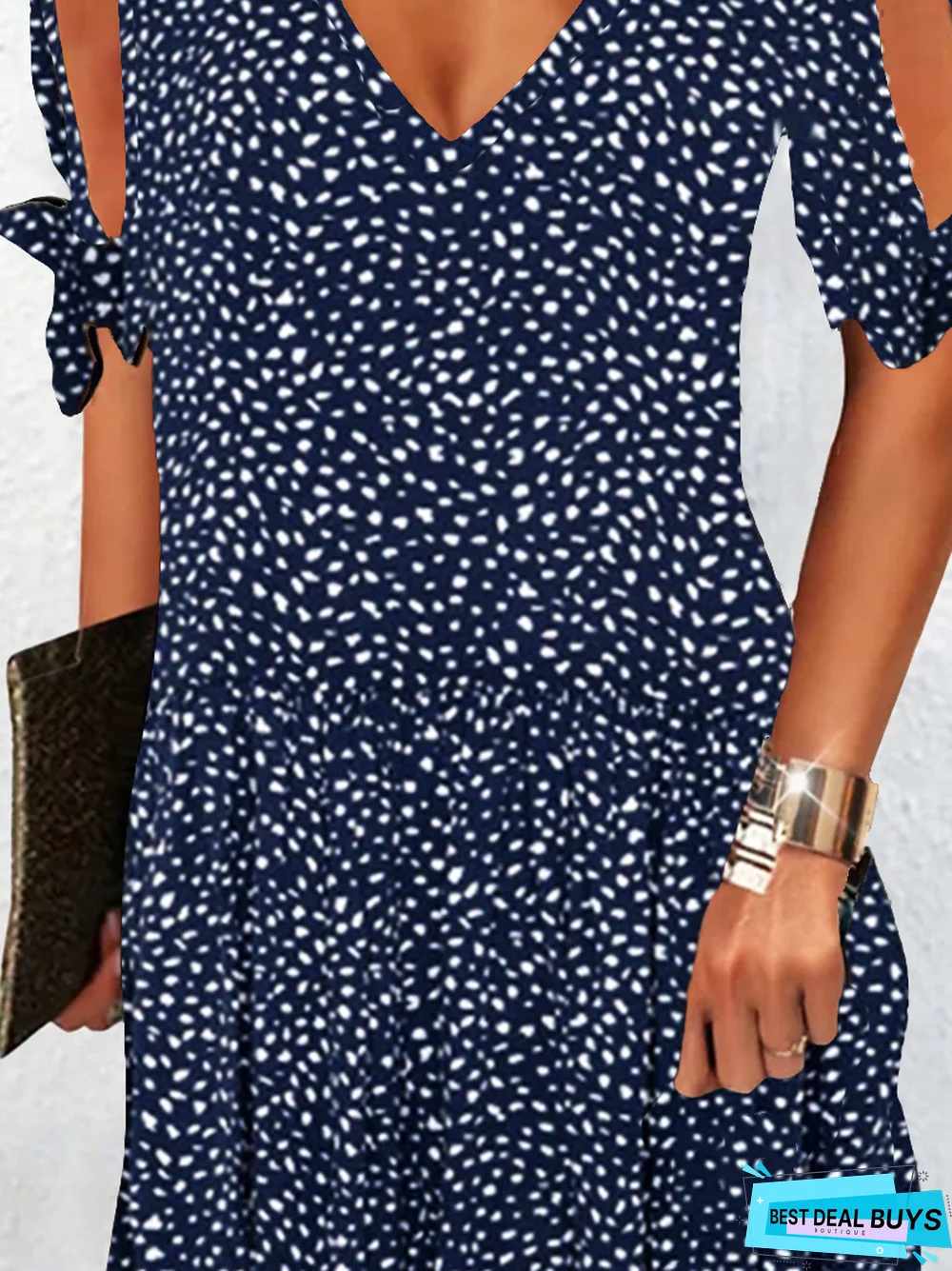 Casual V Neck Polka Dots Short Sleeve Woven Dress