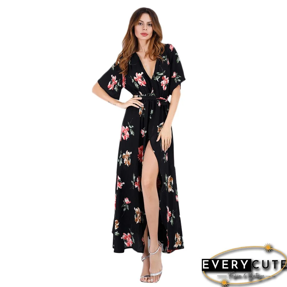 Rosy Short Sleeve Foral Chiffon Boho Dress